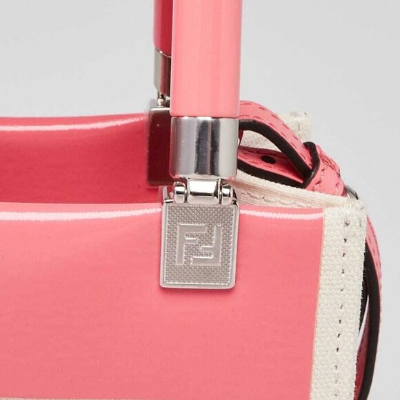 Fendi Beige/Pink Patent Leather and Canvas Sunshine Mini Crossbody Tote Bag - Picture 7 of 11
